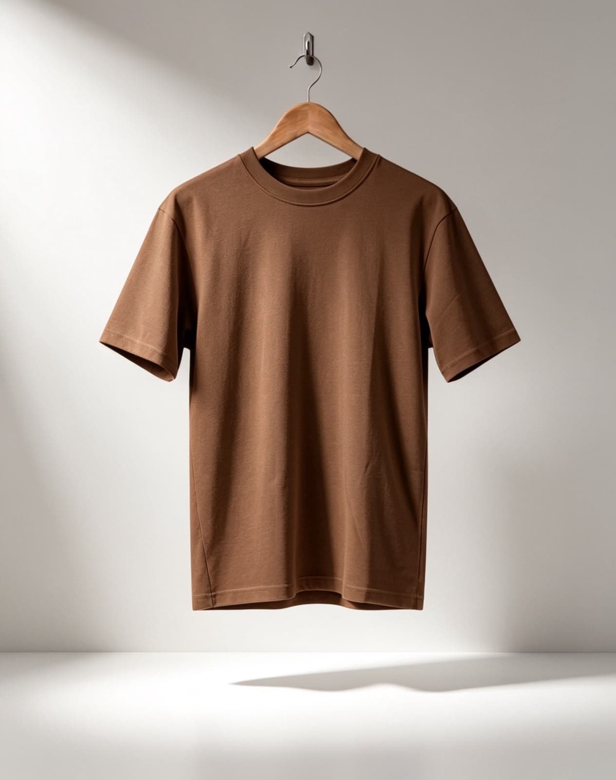 Camiseta oversize Valknut café en percha, fondo neutro